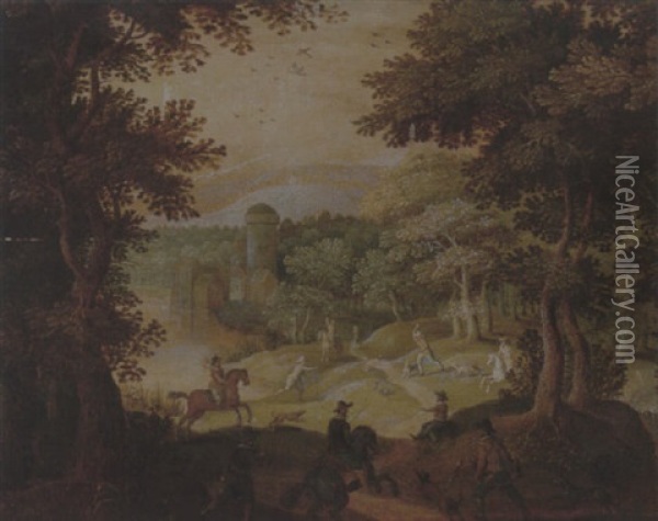 A Wooded Landscape With A Hunting Party At The Edge Of A Lake, A Castle Beyond Oil Painting - Marten Ryckaert