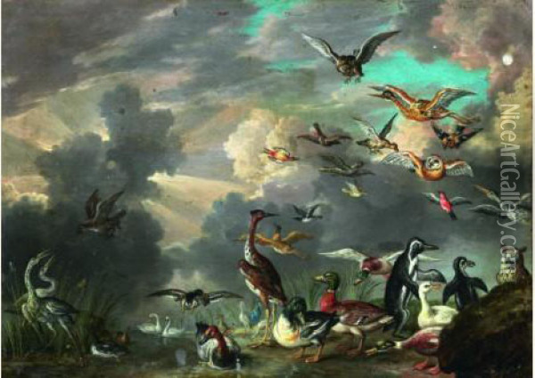 Oiseaux Et Autres Volatiles Pres De La Riviere Oil Painting - Jan Iii Van Kessel