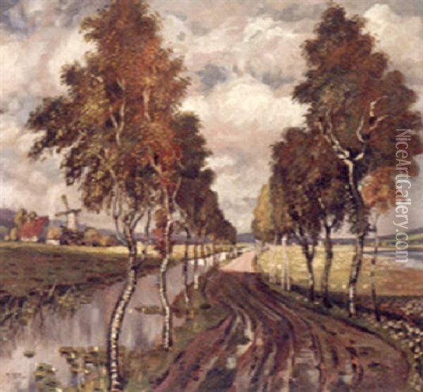 Poplars In A River Landscape Oil Painting - Karl Heffner