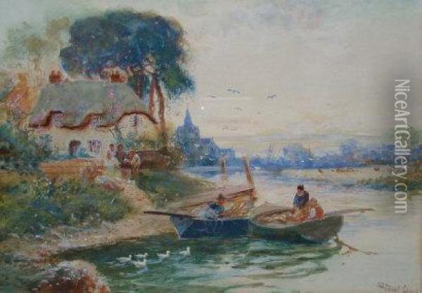 River Inlet Near Chichester Cathedral With Figures In Boats Oil Painting - Walker Stuart Lloyd