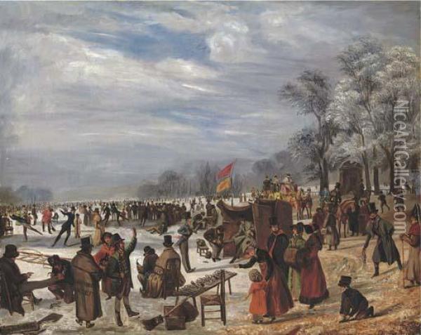 Skaters On A Frozen Lake Oil Painting - J. Baber