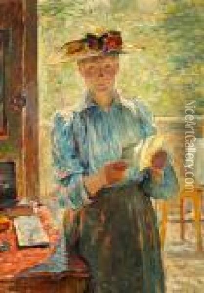 Portrait Of A Lady Holding A Letter Oil Painting - Bertha Wegmann