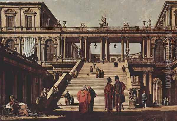 Capriccio, palace staircase Oil Painting - Bernardo Bellotto