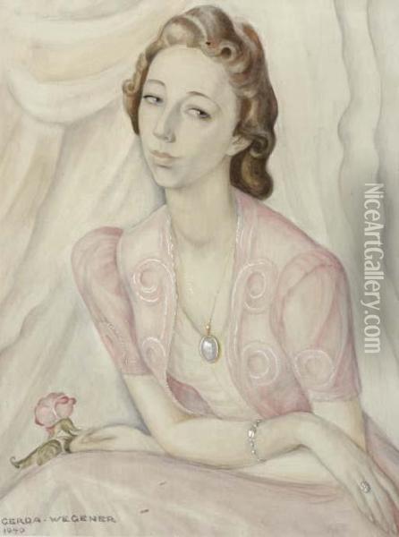 Portrait Of A Lady In A Pink Dress, Holding A Red Rose Oil Painting - Gerda Wegener