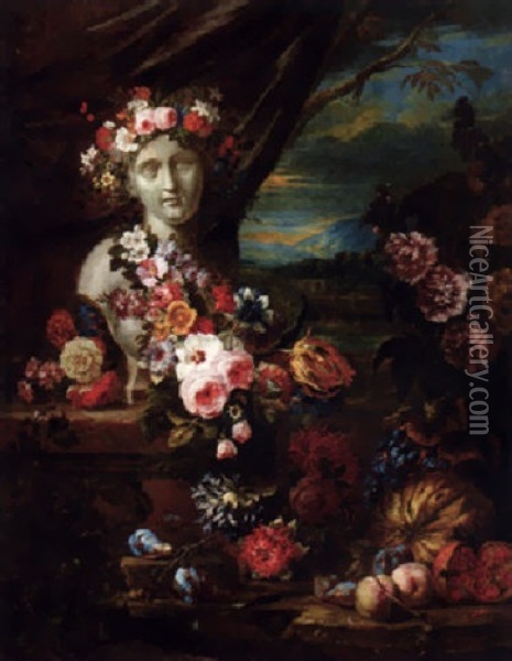 A Bust On A Pedestal Adorned With Garlands Of Flowers With Fruit And Other Flowers In A Landscape Oil Painting - Jacob Van Der Borcht