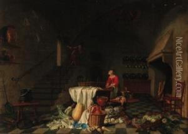 A Kitchen With A Maid Preparing 
Meat At A Table, A Man On Astaircase Beyond, With Baskets, Vegetables 
And Meat In Theforeground Oil Painting - Hendrick Maertensz. Sorch (see Sorgh)
