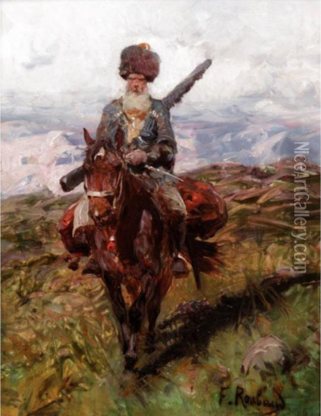 Cossack On Horseback Oil Painting - Franz Roubaud
