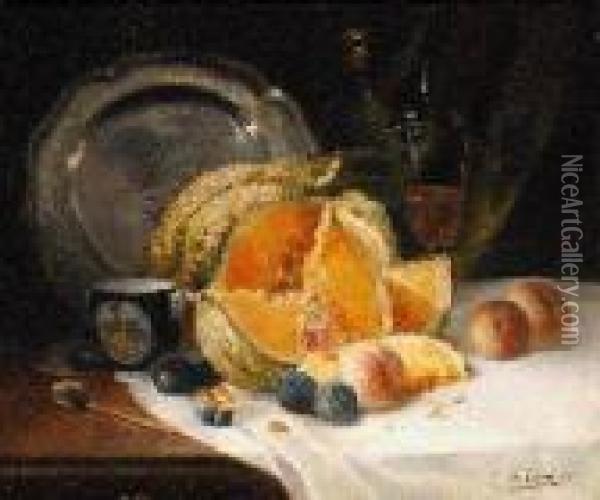 A Melon, Peaches, Plums, With A Pewter Plate And Spoon On A Kitchentable Oil Painting - Eugene Henri Cauchois