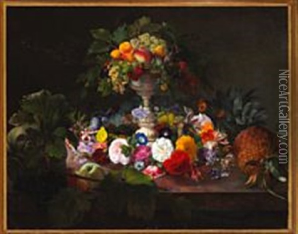 Still Life With Fruit And Foliage In A Centrepiece On A Sill With Flowers And Fruits Oil Painting - Carl Vilhelm Balsgaard