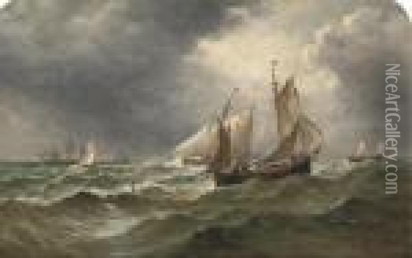 The Fishing Fleet In Choppy Seas Oil Painting - John Moore Of Ipswich