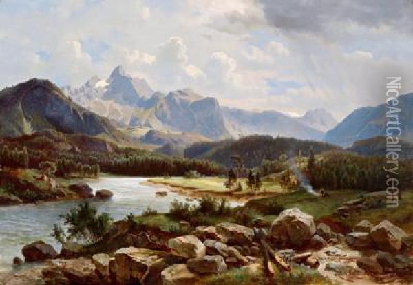 Alpenlandschaft Mit Rastenden Jagern Oil Painting - Josef Thoma