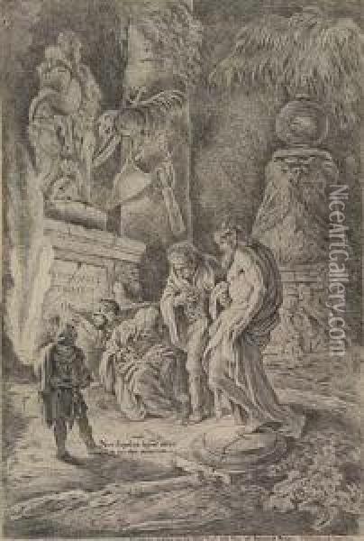 Four Soldiers Amidst Broken Tombs (temporalis Aeternitas) Oil Painting - Giovanni Francesco Castiglione