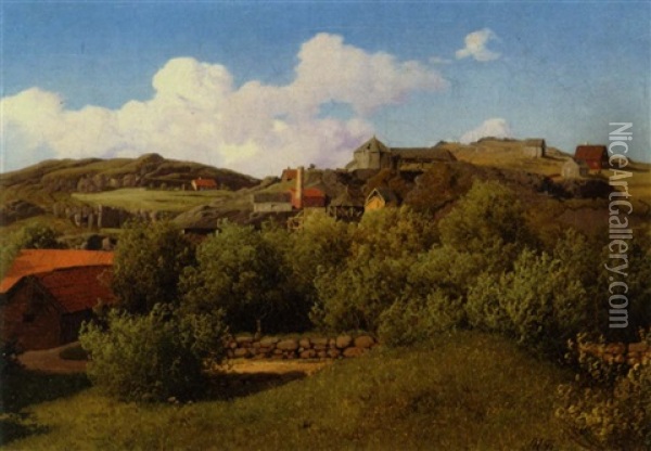 Huse Og Industri I En Norsk Bygd Oil Painting - Anton Edvard Kjeldrup