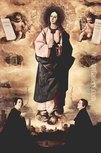 Immaculate Conception and two clergymen Oil Painting - Francisco De Zurbaran