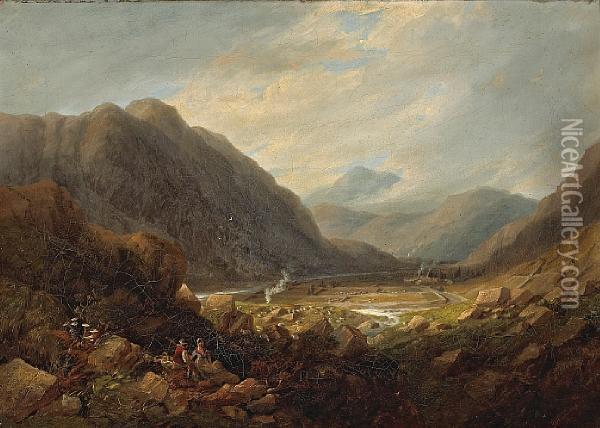 An Extensive View Of A Valley With Two Figuresresting In The Foreground Oil Painting - John Wilson Carmichael