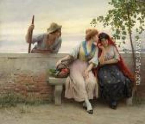 Venetian Chit-chat. A Gondolier 
Eavesdrops On Two Women Conversing. In The Background The Typical 
Architecture Of The Venetian Lagoon. Oil/canvas, Signed And Dated 