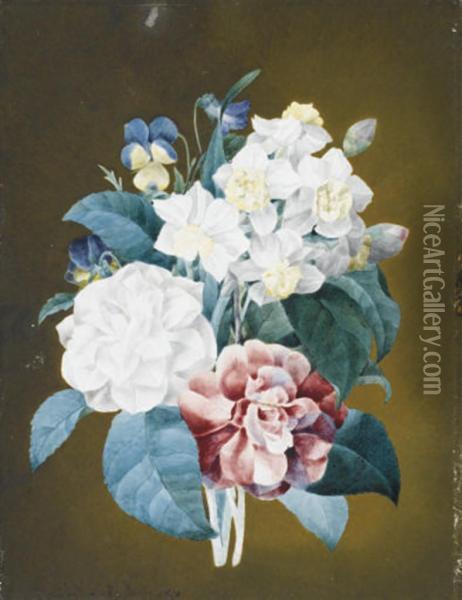 Un Bouquet De Pensees, Jonquilles Et Camelia Oil Painting - Marie Louise Boitelet