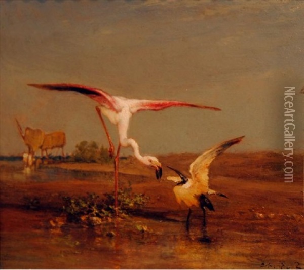 Flamant Et Ibis Oil Painting - Charles Emile de Tournemine