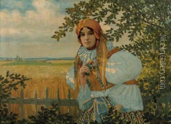 Junge Frau In Landlicher Tracht Oil Painting - Karel Dohnalek