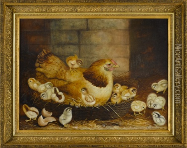 Hen On A Nest With Sixteen Chicks Oil Painting - Ben Austrian