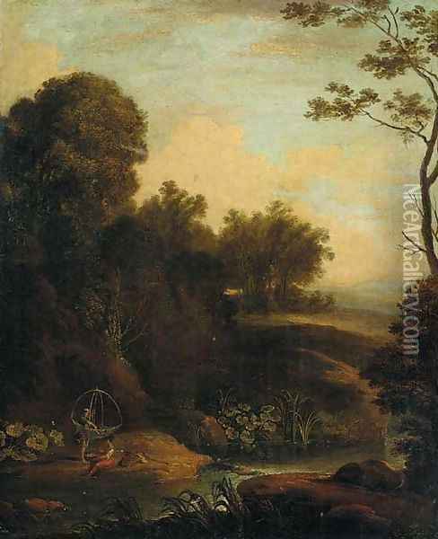 A wooded river landscape with fisherfolk in the foreground Oil Painting - Aelbert Meyeringh