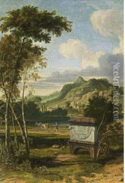 An Arcadian Landscape With A 
Tomb In The Foreground And A Traveller With His Donkeys Walking Along A 
River Oil Painting - Aelbert Meyeringh