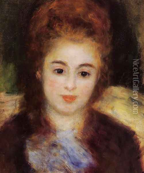 Head Of A Young Woman Wearing A Blue Scarf Aka Madame Henriot Oil Painting - Pierre Auguste Renoir