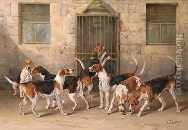 A Group Of Percy Hounds -"strangler", "finder", "rifleman", "gainer", "pluto", "doriment", "roman", "hotspur", "ren Oil Painting - Henry Frederick Lucas Lucas