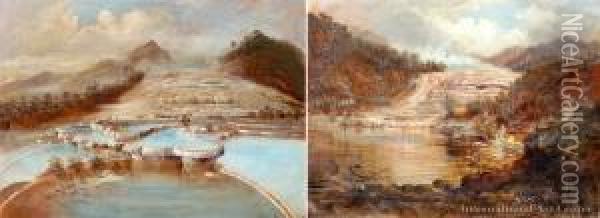 The Pink Terraces & White Terraces Lowerpool - A Pair Oil Painting - Charles Blomfield