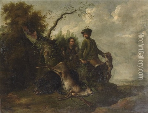 Deux Chasseurs Avec Un Trophee De Brocard Et De Sangliers Oil Painting - Magnus Brasch