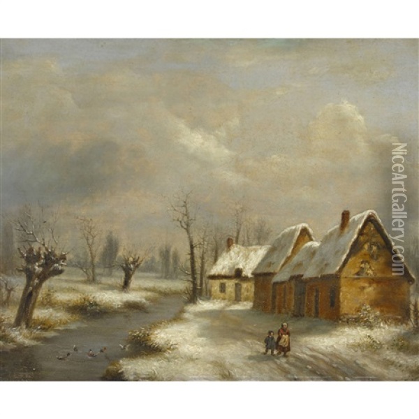 Winterlandschaft Mit Bauerin Und Kind Oil Painting - Barend Cornelis Koekkoek