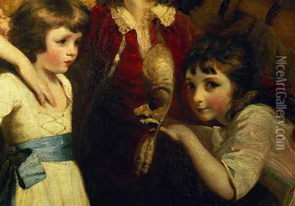 Two Girls, One Playing with a Mask, detail from the painting The Fourth Duke of Marlborough and his family, 1777-78 Oil Painting - Sir Joshua Reynolds