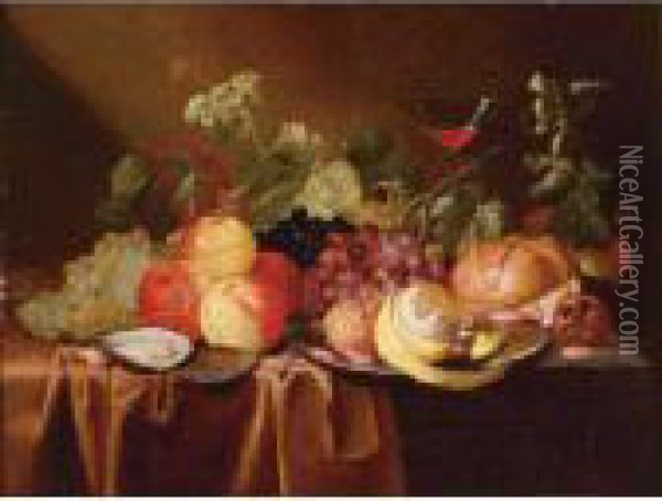 Still Life Of Peaches, Grapes, A
 Peeled Lemon, An Oyster, A Bread Roll And A Glass Of Wine, All On A 
Draped Table Oil Painting - Jan Pauwel Gillemans The Elder