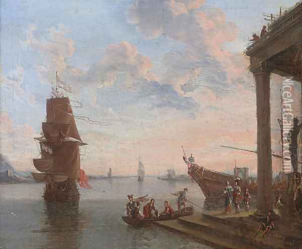 A capriccio of a Mediterranean harbour with elegant figures disembarking, shipping beyond Oil Painting - Lorenzo A. Castro