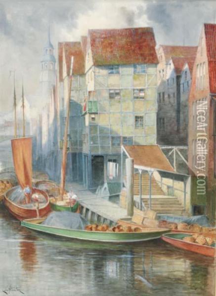 Figures On Barges In A Dutch Port; And A Dutch Canal Scene Oil Painting - Hermanus Jr. Koekkoek