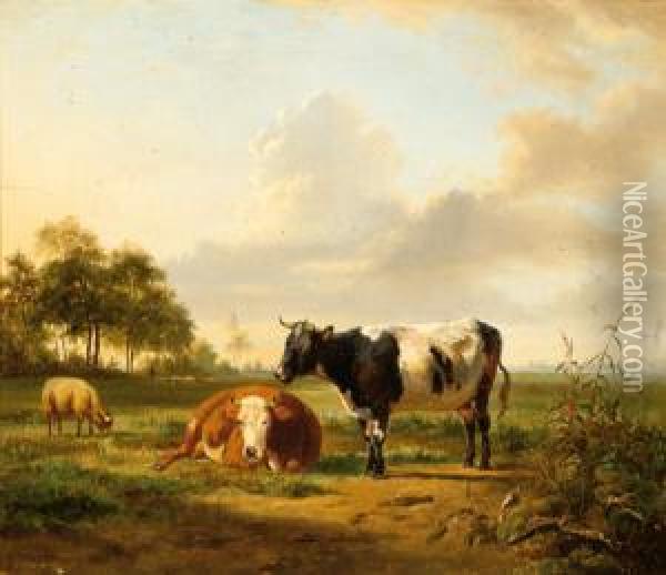A Landscape With Two Cows And A Sheep Oil Painting - Pieter Gerardus Van Os