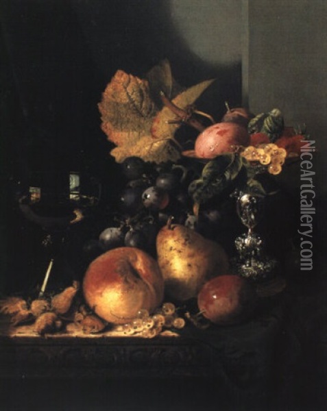Still Life With Fruit, A Wine Glass And A Silver Tazza Oil Painting - Edward Ladell