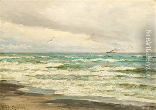 Seascape With A Steamer On The Horizon Oil Painting - Carl Ludvig Thilson Locher