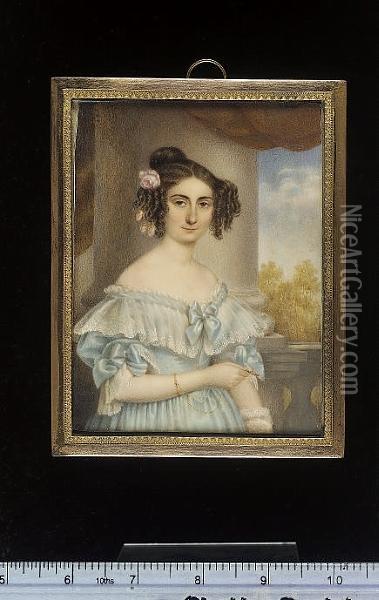 A Lady, Called Pauline Farrere, Baronne Saint-andre, Standing By A Balustrade, Wearing Low-cut Pale Blue Dress With Bows And White Lace Cuffs At The Short Sleeves And White Lace Collar Tied With Pale Blue Ribbon Bow At Her Corsage, She Holds A Gold Lorgne Oil Painting - Rodolphe Bell