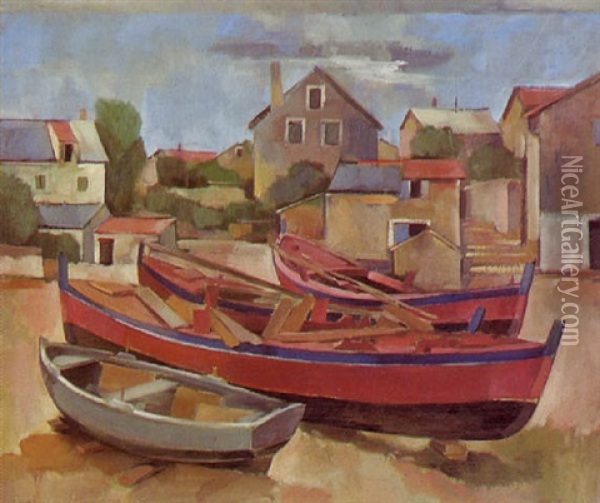 Ruderboote Am Strand Eines Fischerortes Oil Painting - Otto Wohlfahrt