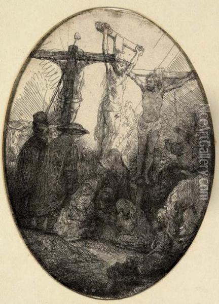 Christ Crucified Between Two Thieves: Oval Plate (b., Holl. 79; H. 173) Oil Painting - Rembrandt Van Rijn