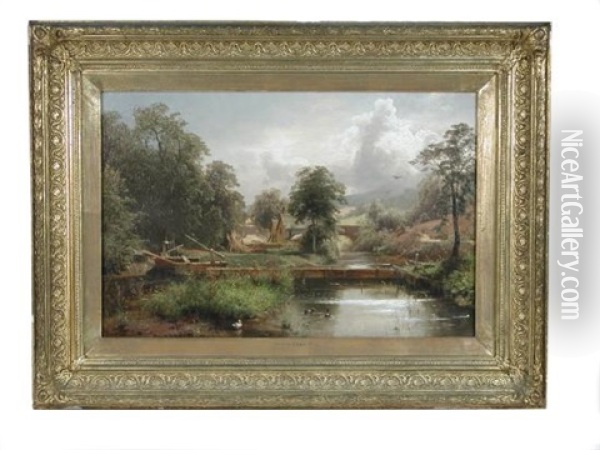 A Mill On A River With Lock Gates Oil Painting - George Vicat Cole