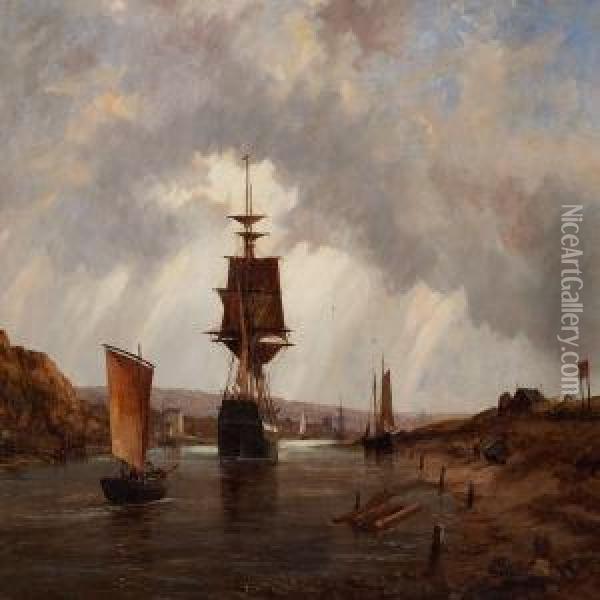 Ships On Ariver Oil Painting - Richard Henry Nibbs