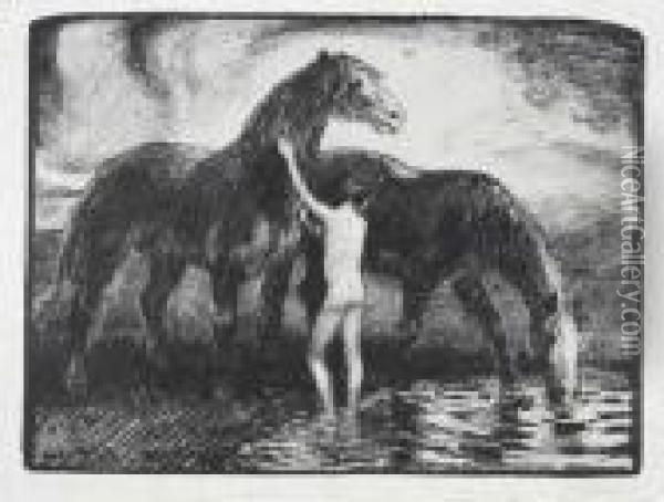 Knabe Mit Pferden Am Wasser Oil Painting - Ludwig Von Hofmann