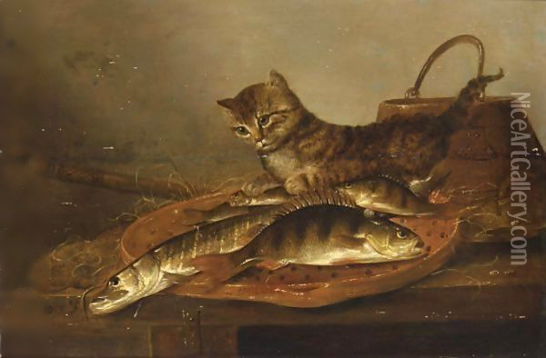 A Still Life With A Perch And A Pike On An Earthenware Dish Oil Painting - Pieter de Putter