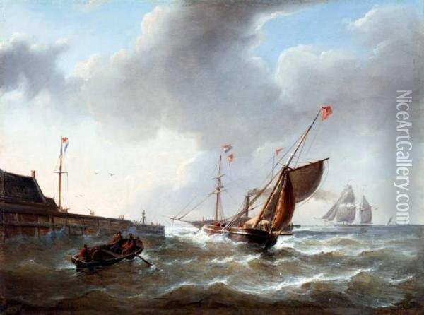 Zeilschepen En Stoomschip Bij Havenmonding Oil Painting - Christiaan Cornelis Kannemans