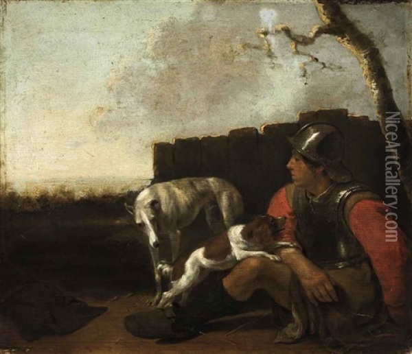 A Soldier Seated Against A Wall, With Two Dogs, In A Landscape Oil Painting - Sebastien Bourdon