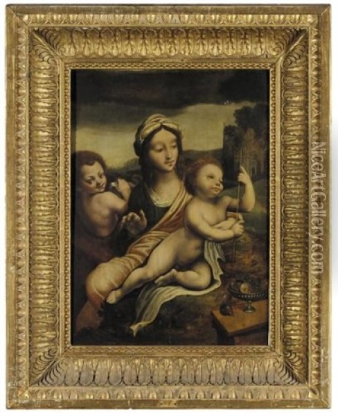 Madonna And Child With The Infant Saint John The Baptist (the Madonna Of The Yarnwinder) Oil Painting - Leonardo Da Vinci