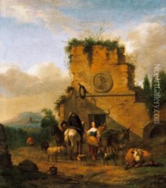 In Front Of An Inn In Italy Oil Painting - Abraham Jansz Begeyn
