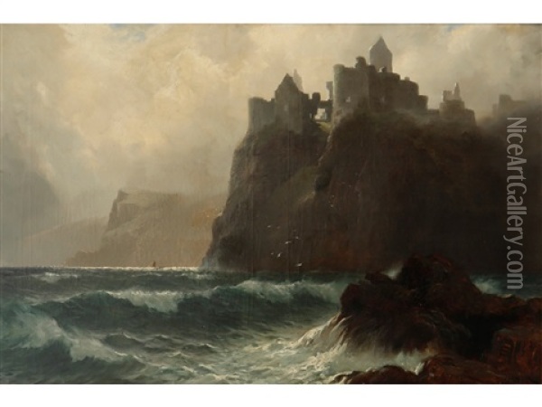 A View Of A Cliff Top Castle Above Rough Seas And Misty Skies Oil Painting - James Robertson Miller